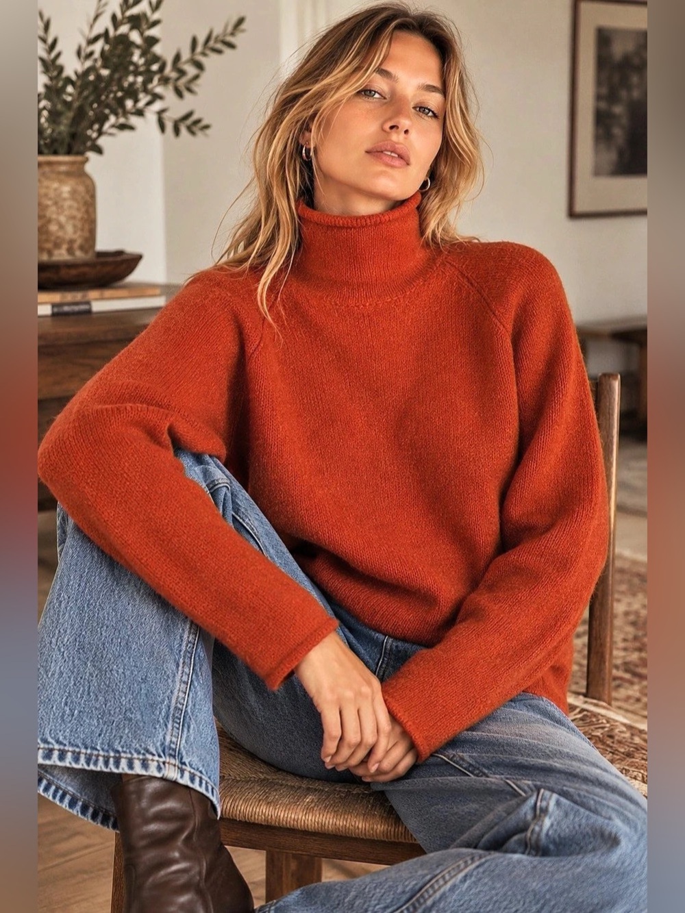Vintage J.Crew 100% Wool Roll Neck Sweater Medium Burnt Orange 90s Minimalist